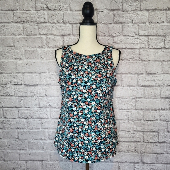 Lands' End Swim Top Black Multicolor Floral High Neck Tank Built-in Bra Size 14P - Picture 2 of 8